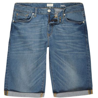 Mid blue wash skinny fit denim shorts